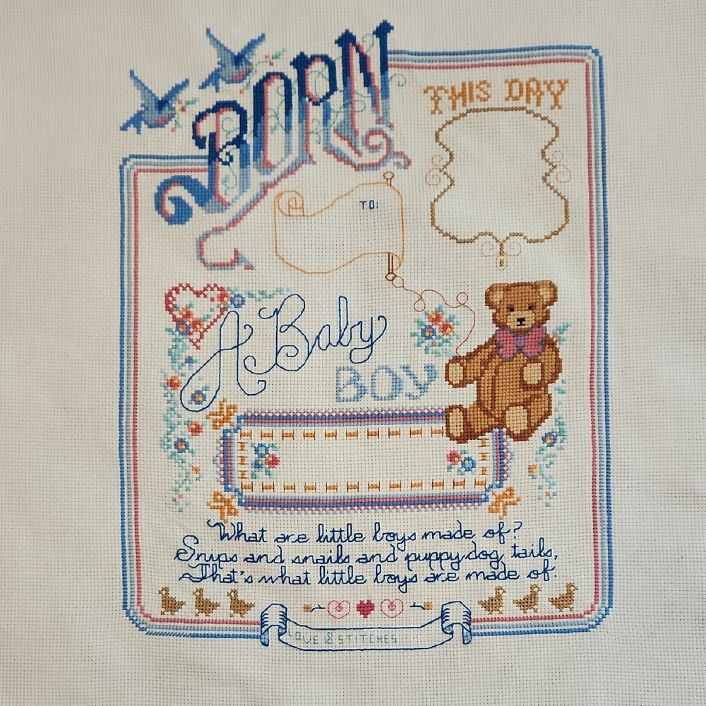 Handmade counted cross stitch baby boy birth announcement